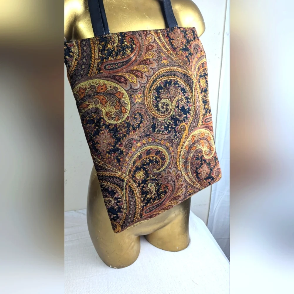 Chico's Paisley Tapestry Tote Gold, Brown, Burgundy